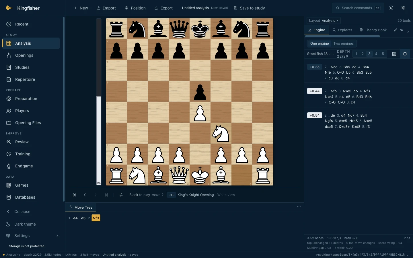Stockfish 18 analysing the position after 1. e4 e5 2. Nf3 in Kingfisher